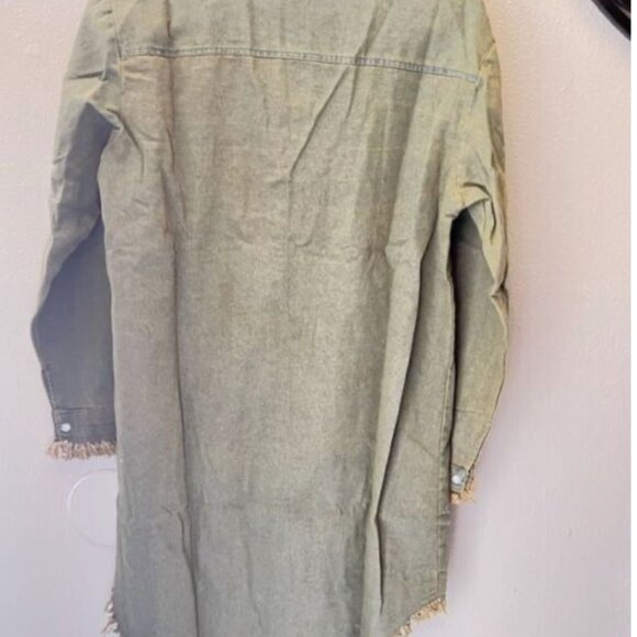 Womens Olive Green Long-Sleeve Button-Down Frayed Hem Shirt Dress - Picture 3 of 7